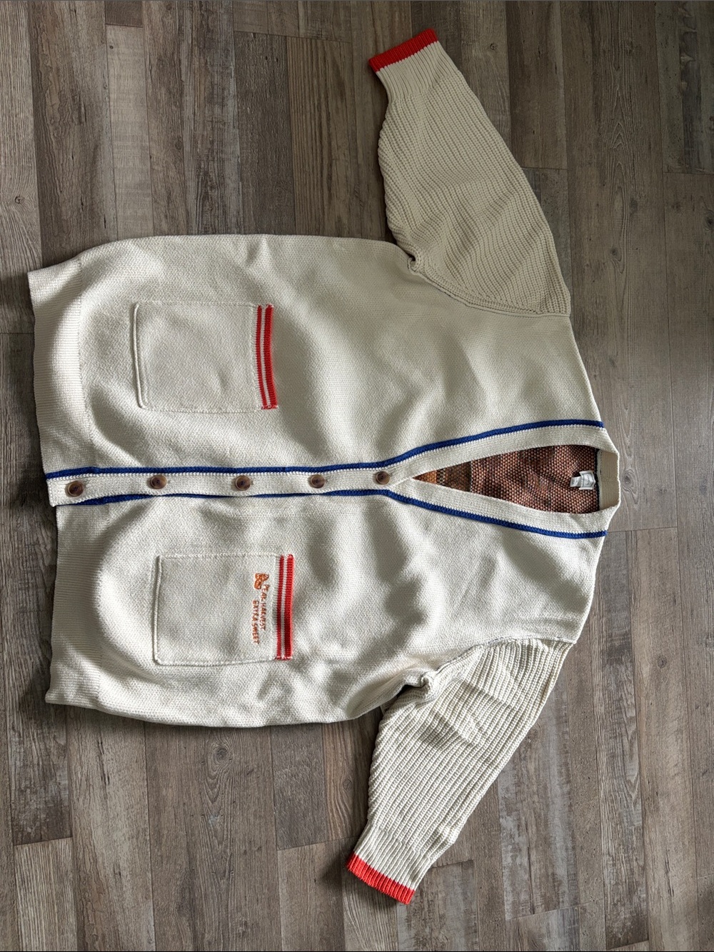 Anthropologie Cream Cardigan with Blue Trim and Red Accents